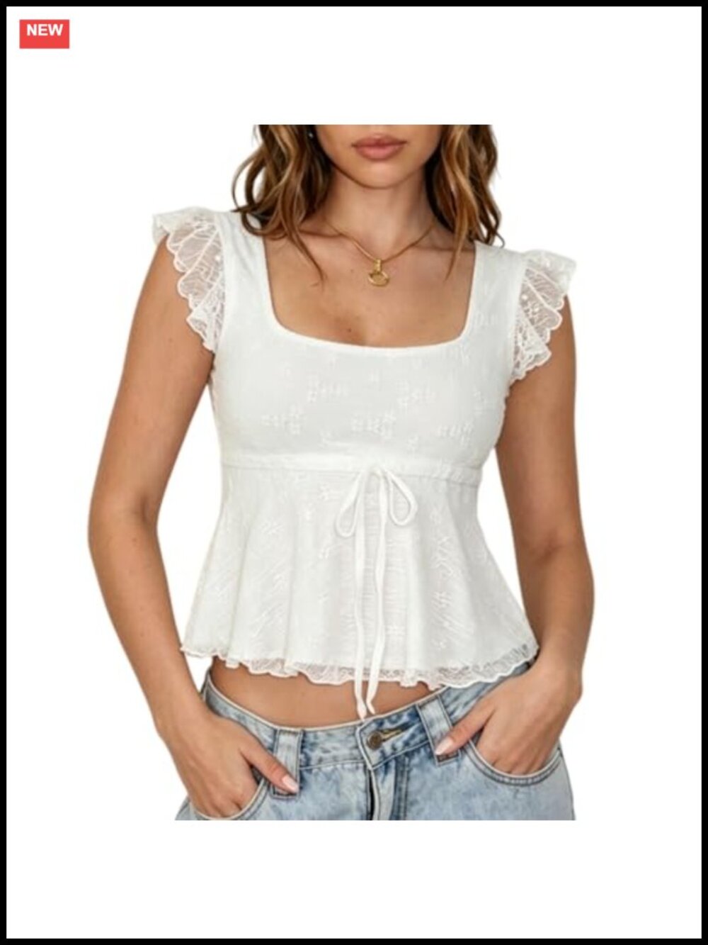 Y2K Square Neck Peplum Top Ruffle Trim Lace Up Slim Fit Tank